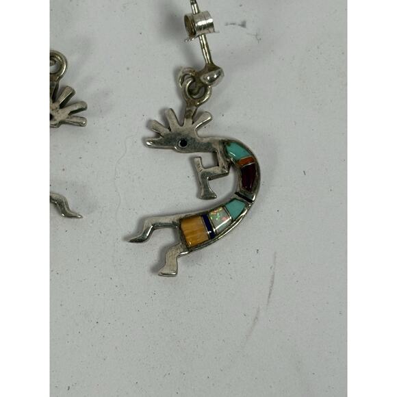 Sterling Silver Kokopelli Dangle Earrings Multicolor Inlay Southwest Stamp WR - Picture 2 of 7
